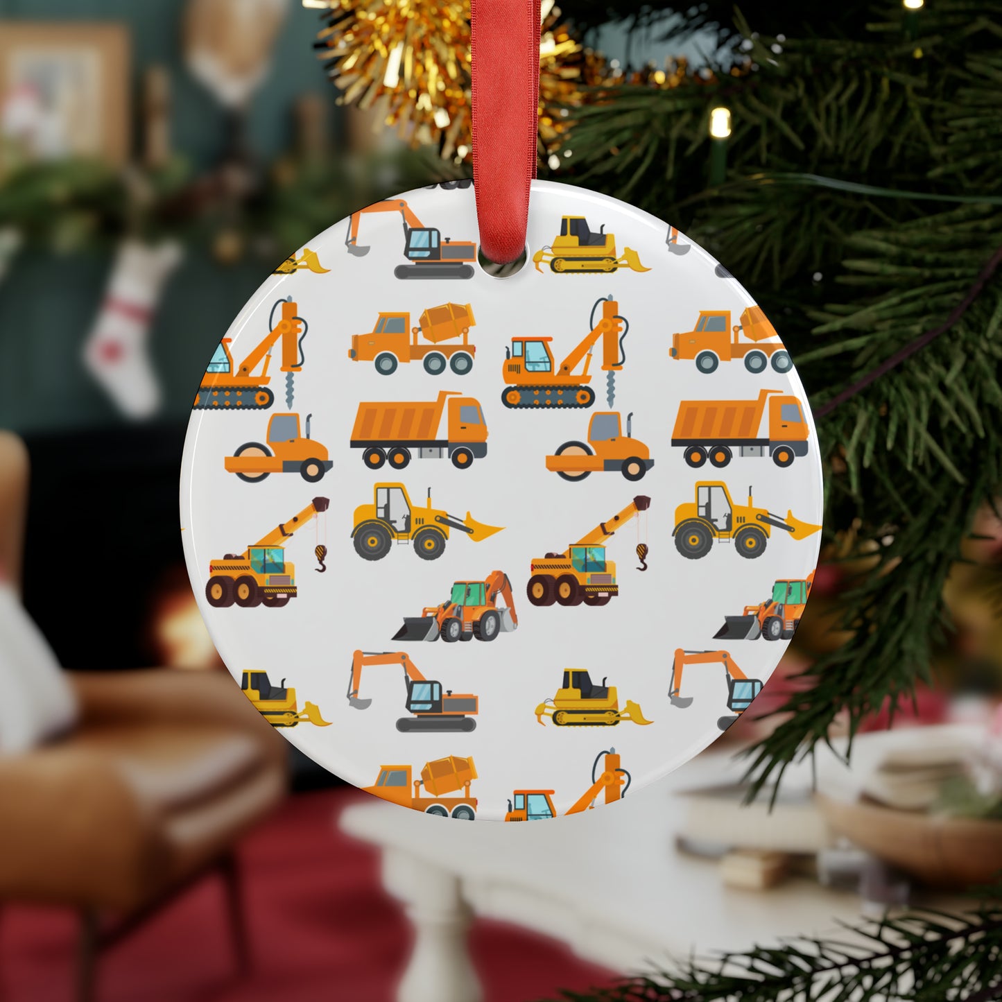 CONSTRUCTION VEHICLES Acrylic Ornament with Ribbon